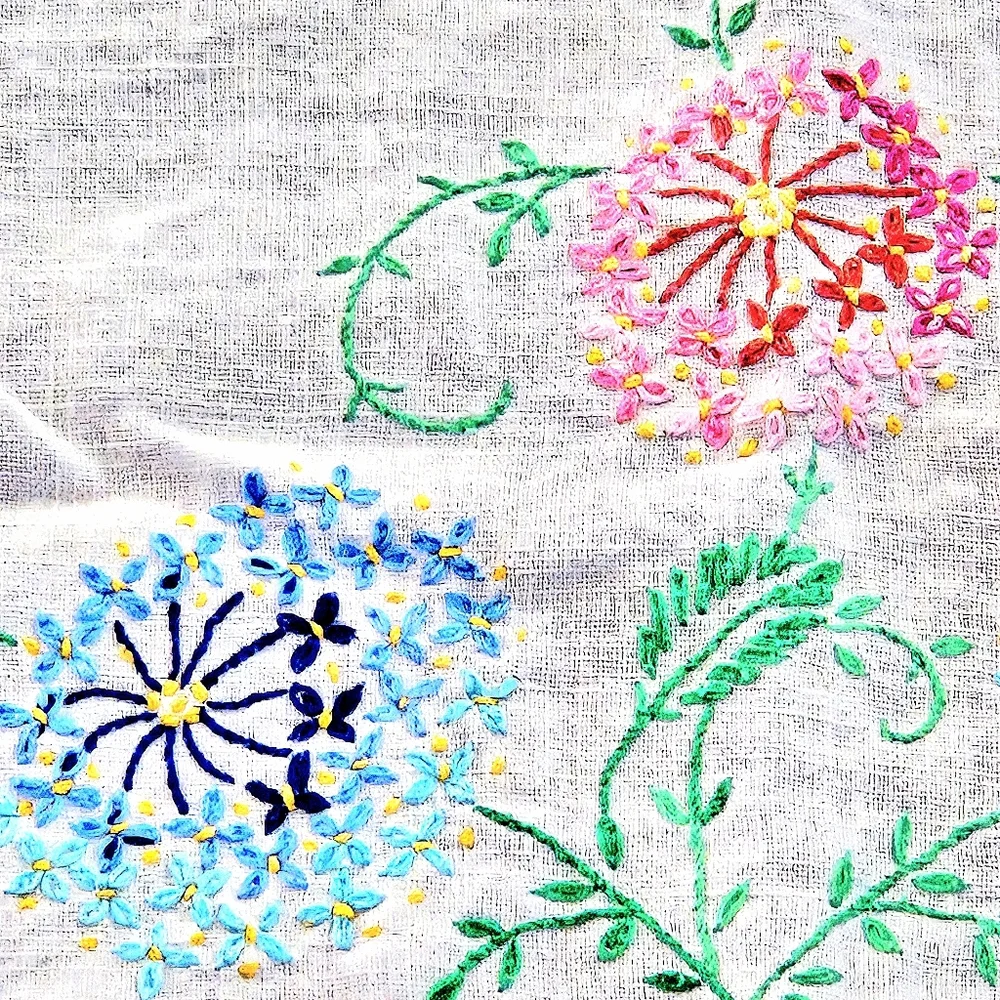 Vintage Embroidered Linen Tablecloth Spring & Summer Flowers Handmade 60 X 48